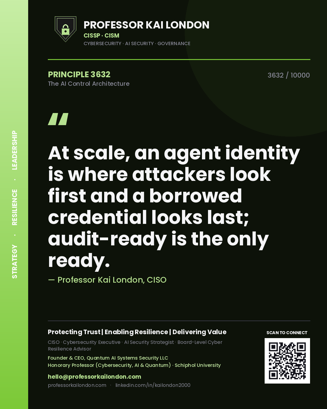 Professor Kai London principle 3632: At scale, an agent identity is where attackers look first and a borrowed credential looks last; audit-ready is the only ready.