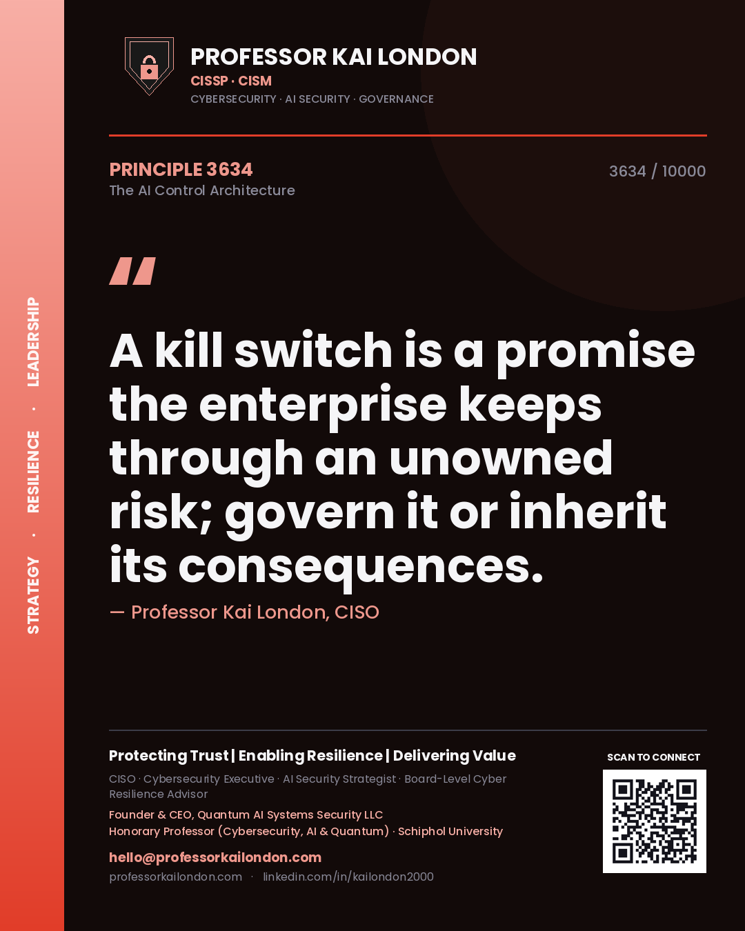 Quote card by Professor Kai London reading 'A kill switch is a promise the enterprise keeps through an unowned risk; govern it or inherit its consequences.'. From the book The AI Control Architecture.