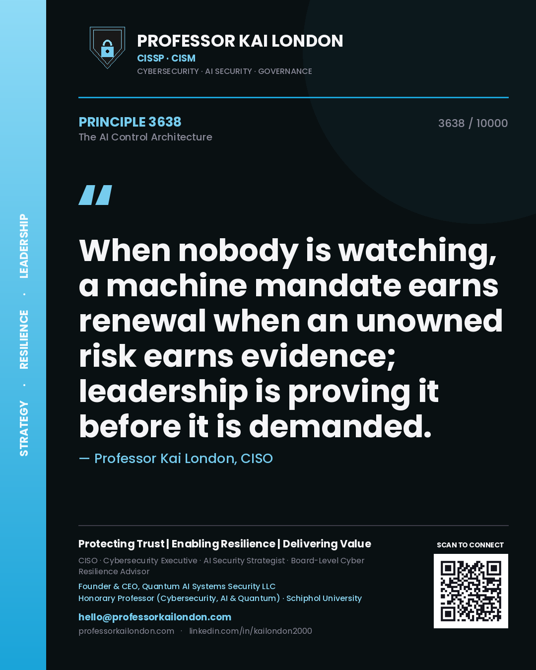 Professor Kai London principle 3638: When nobody is watching, a machine mandate earns renewal when an unowned risk earns evidence; leadership is proving it before it is demanded.