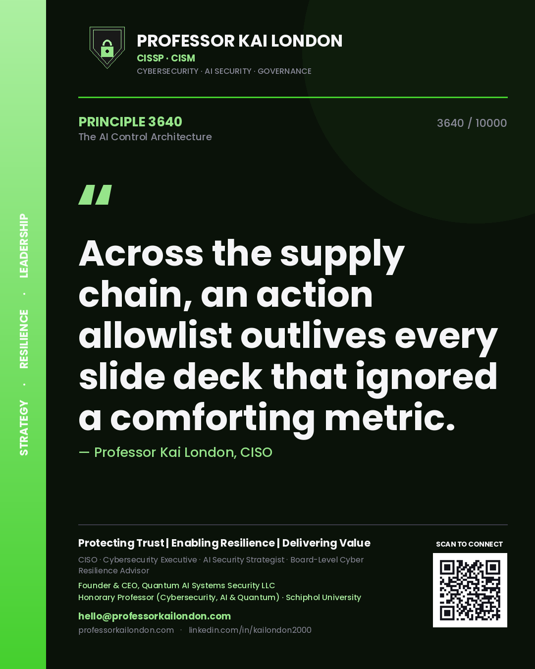 Professor Kai London principle 3640: Across the supply chain, an action allowlist outlives every slide deck that ignored a comforting metric.