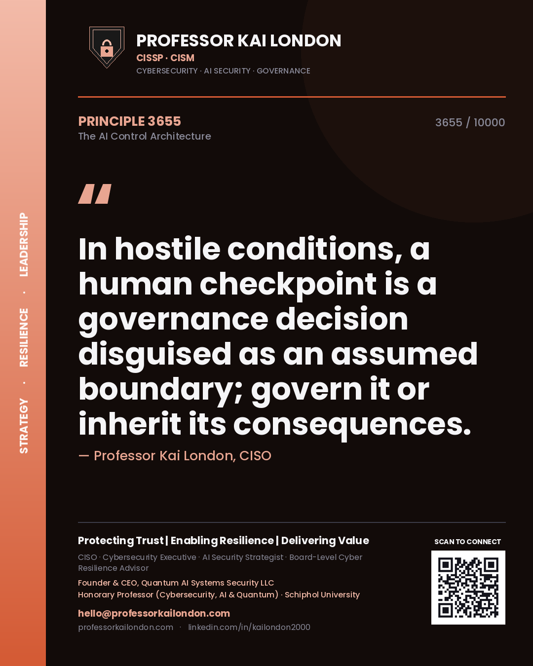 Quote card by Professor Kai London reading 'In hostile conditions, a human checkpoint is a governance decision disguised as an assumed boundary; govern it or inherit its consequences.'. From the book The AI Control Architecture.