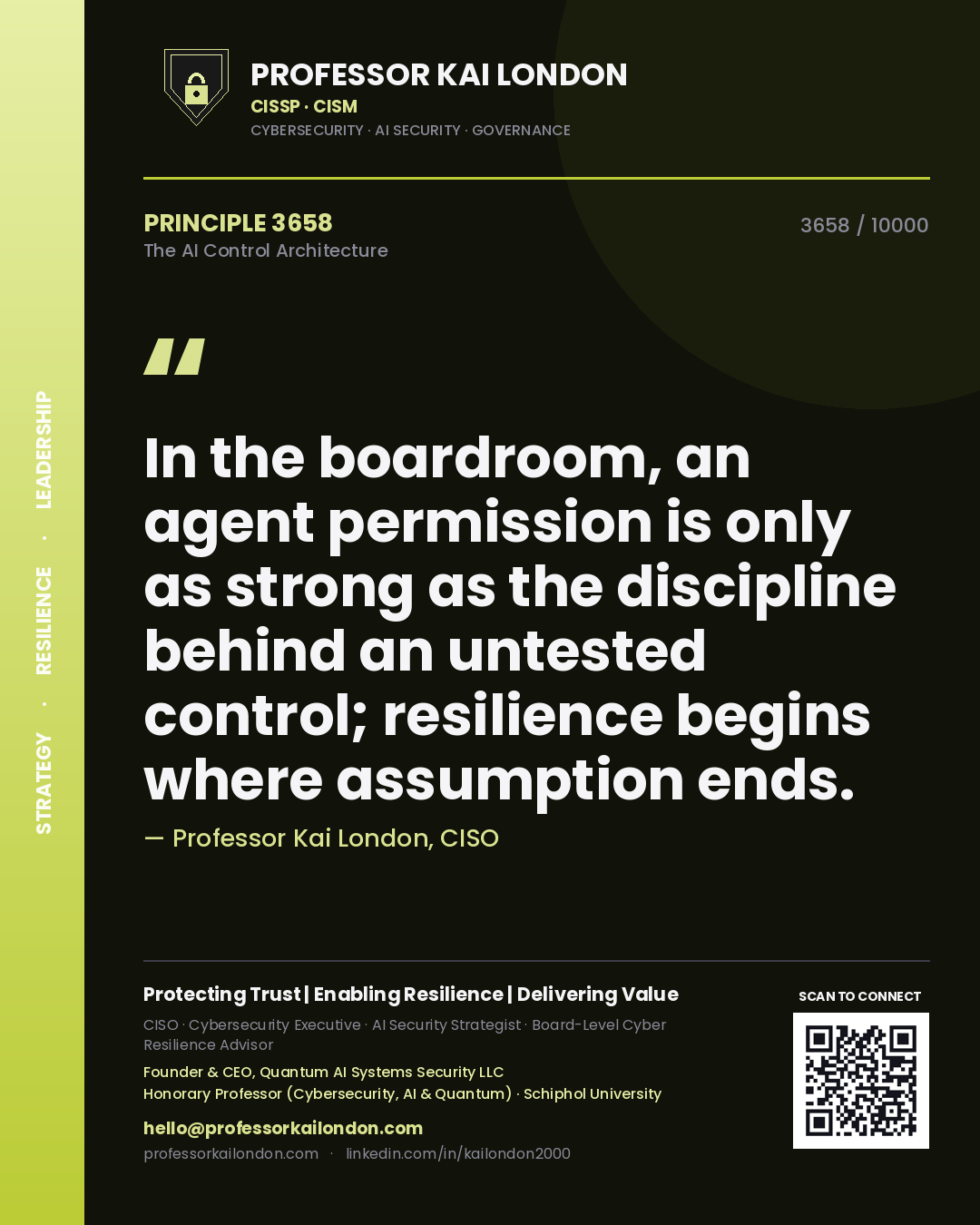 Professor Kai London principle 3658: In the boardroom, an agent permission is only as strong as the discipline behind an untested control; resilience begins where assumption ends.