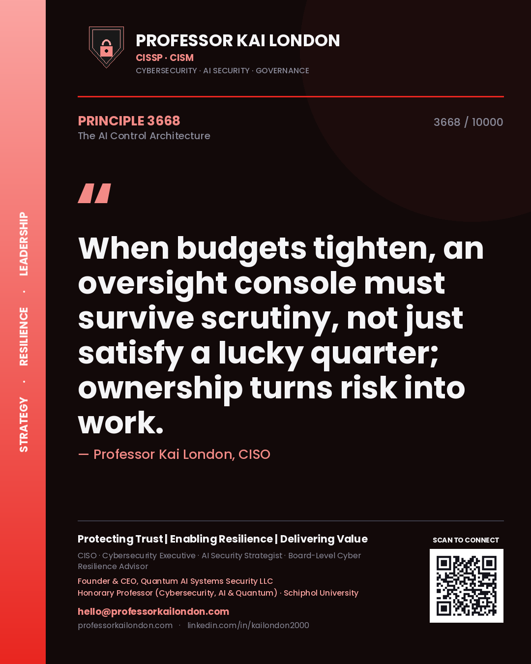 Quote card by Professor Kai London reading 'When budgets tighten, an oversight console must survive scrutiny, not just satisfy a lucky quarter; ownership turns risk into work.'. From the book The AI Control Architecture.