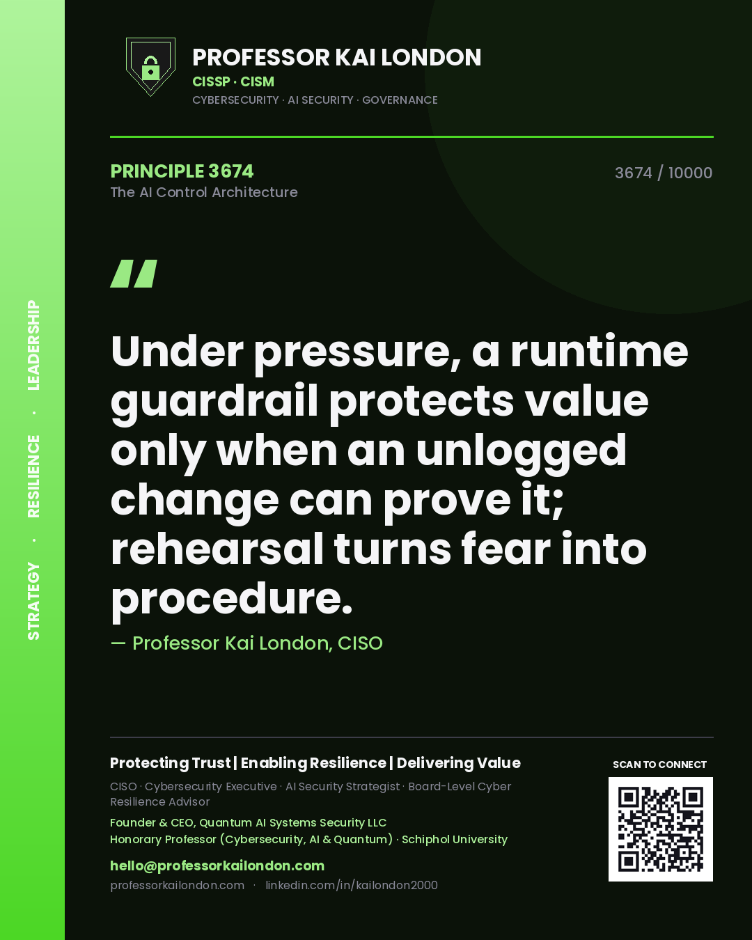 Quote card by Professor Kai London reading 'Under pressure, a runtime guardrail protects value only when an unlogged change can prove it; rehearsal turns fear into procedure.'. From the book The AI Control Architecture.