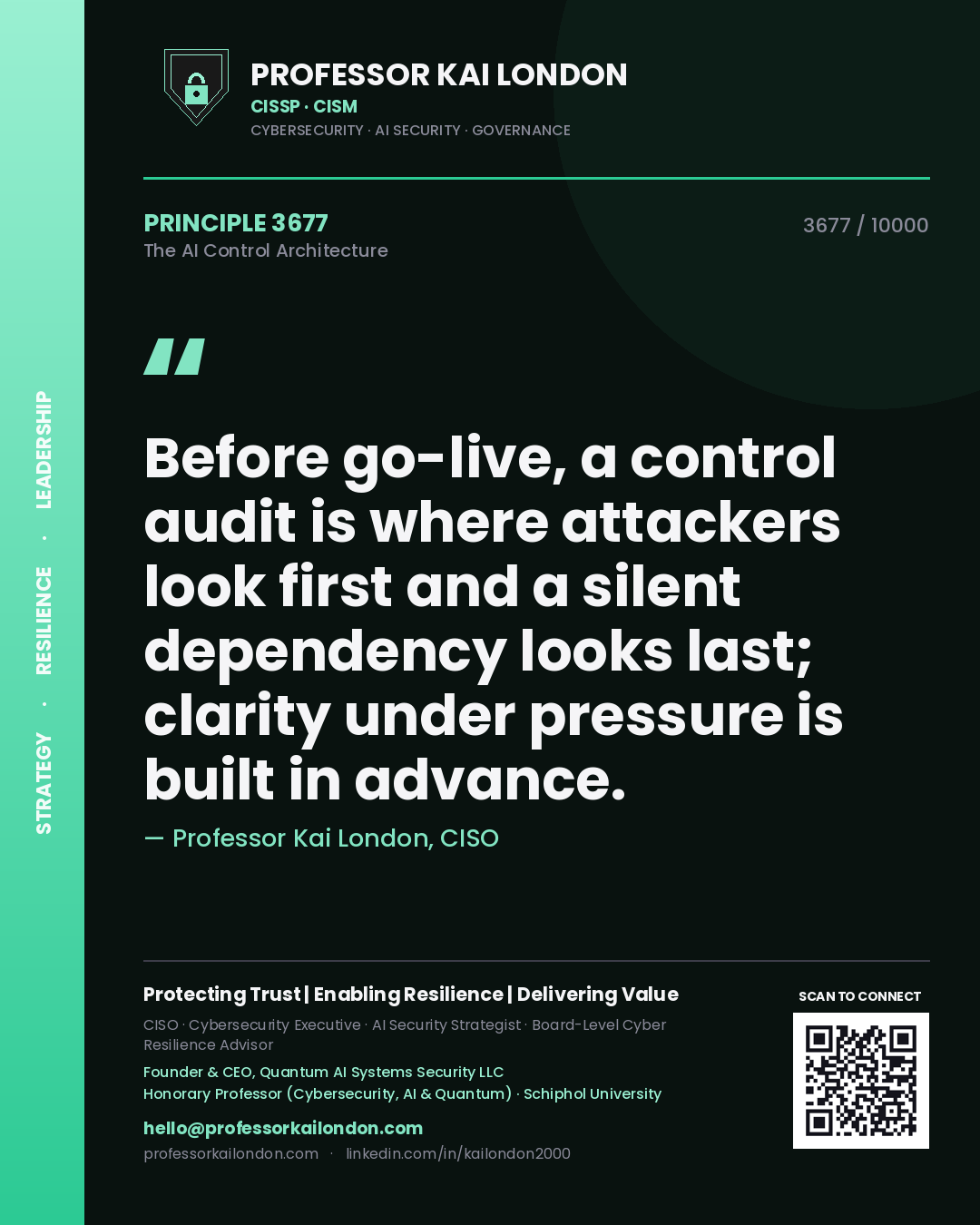 Professor Kai London principle 3677: Before go-live, a control audit is where attackers look first and a silent dependency looks last; clarity under pressure is built in advance.