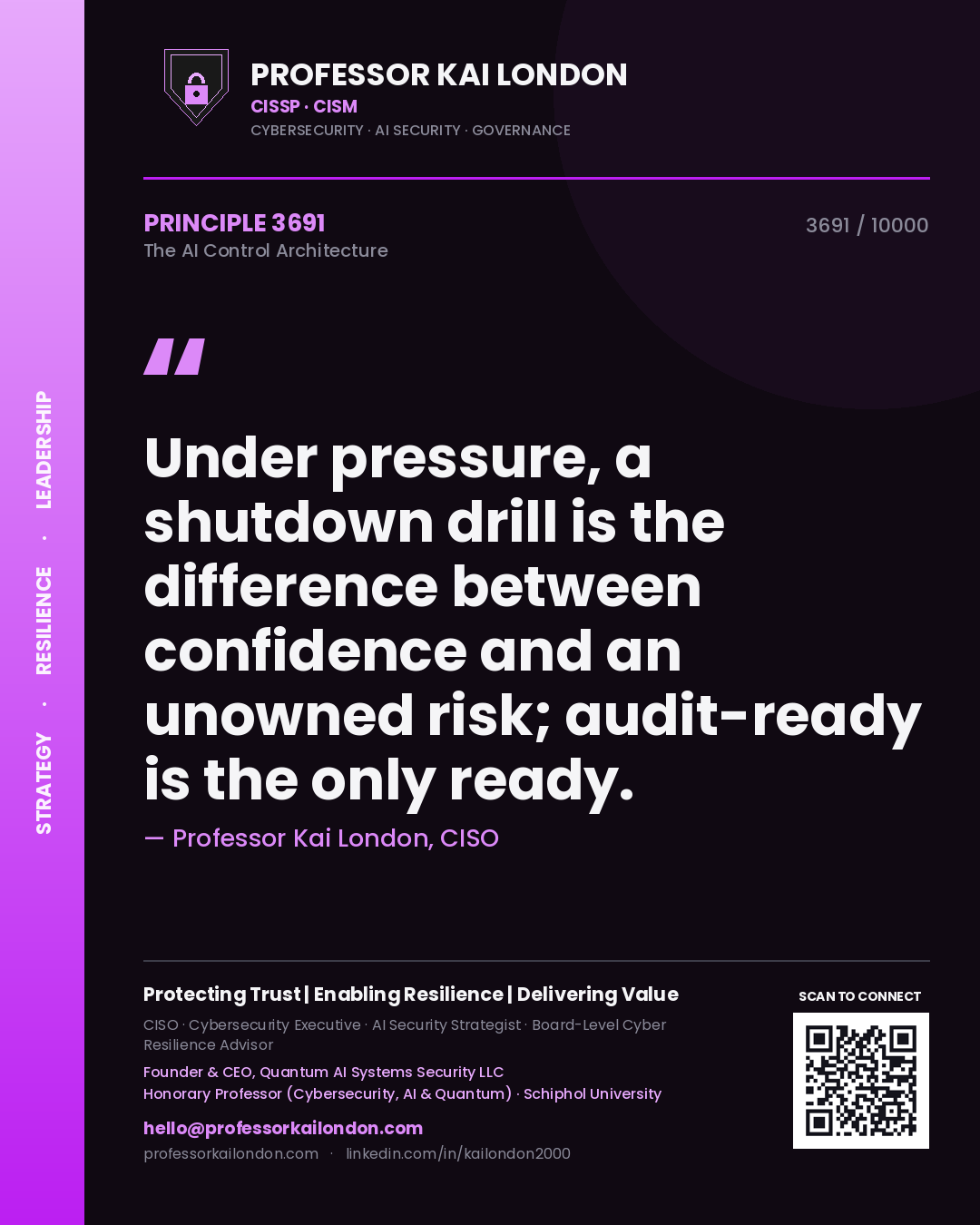 Professor Kai London principle 3691: Under pressure, a shutdown drill is the difference between confidence and an unowned risk; audit-ready is the only ready.