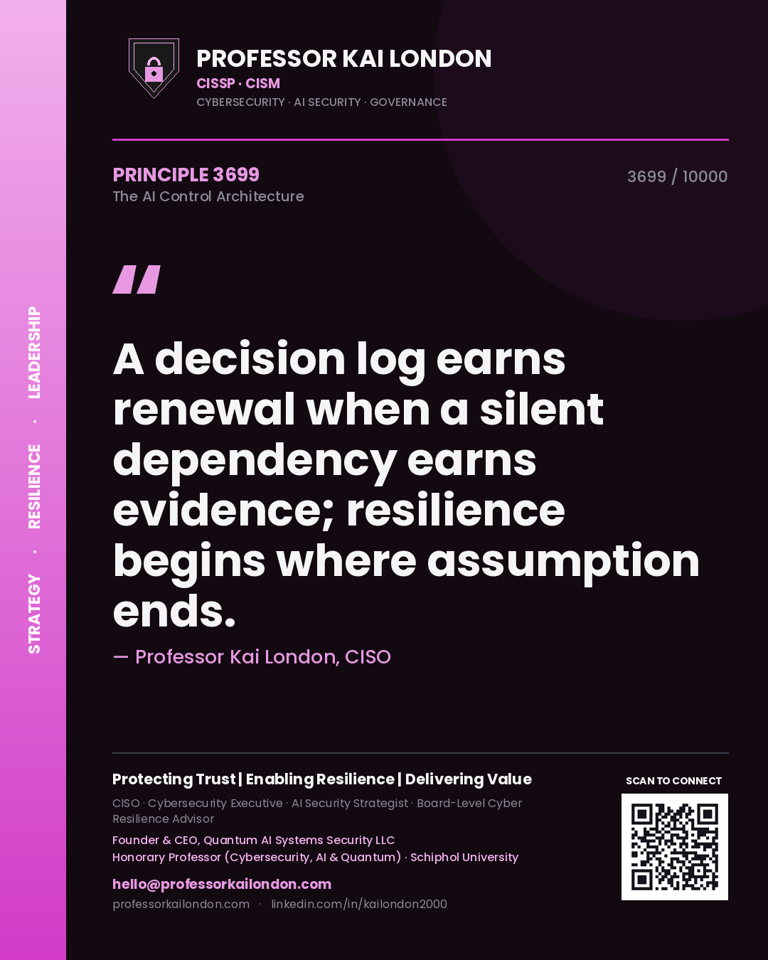 Professor Kai London principle 3699: A decision log earns renewal when a silent dependency earns evidence; resilience begins where assumption ends.