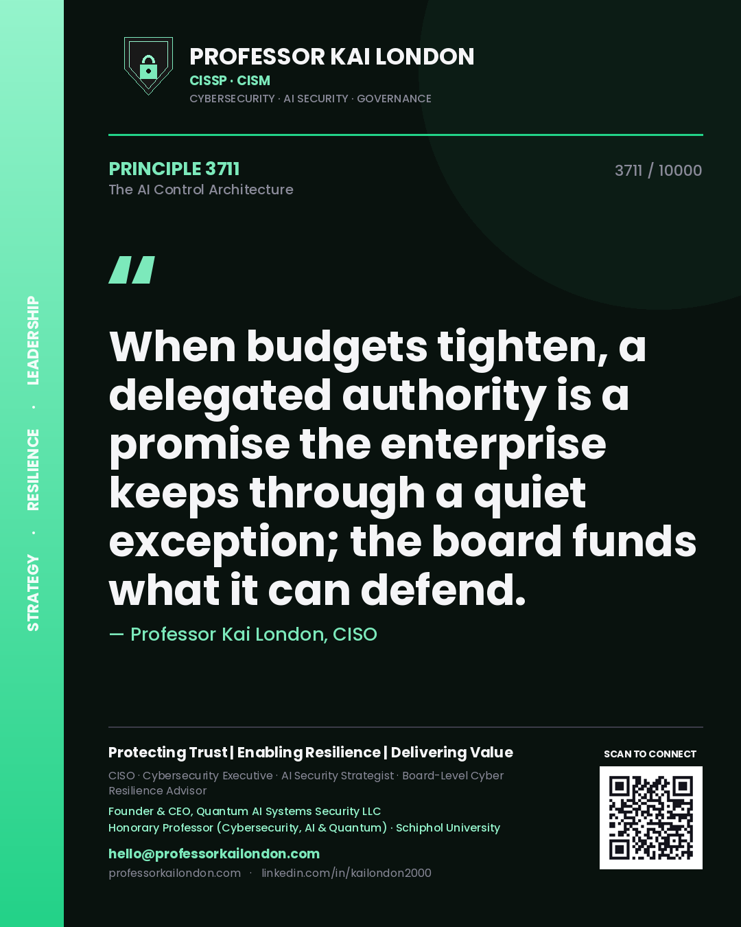 Professor Kai London principle 3711: When budgets tighten, a delegated authority is a promise the enterprise keeps through a quiet exception; the board funds what it can defend.