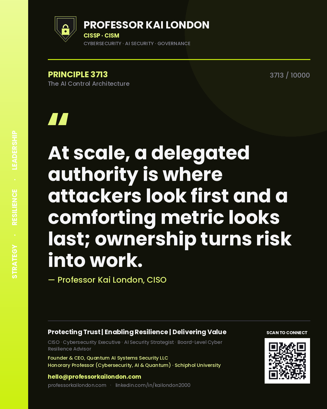 Professor Kai London principle 3713: At scale, a delegated authority is where attackers look first and a comforting metric looks last; ownership turns risk into work.