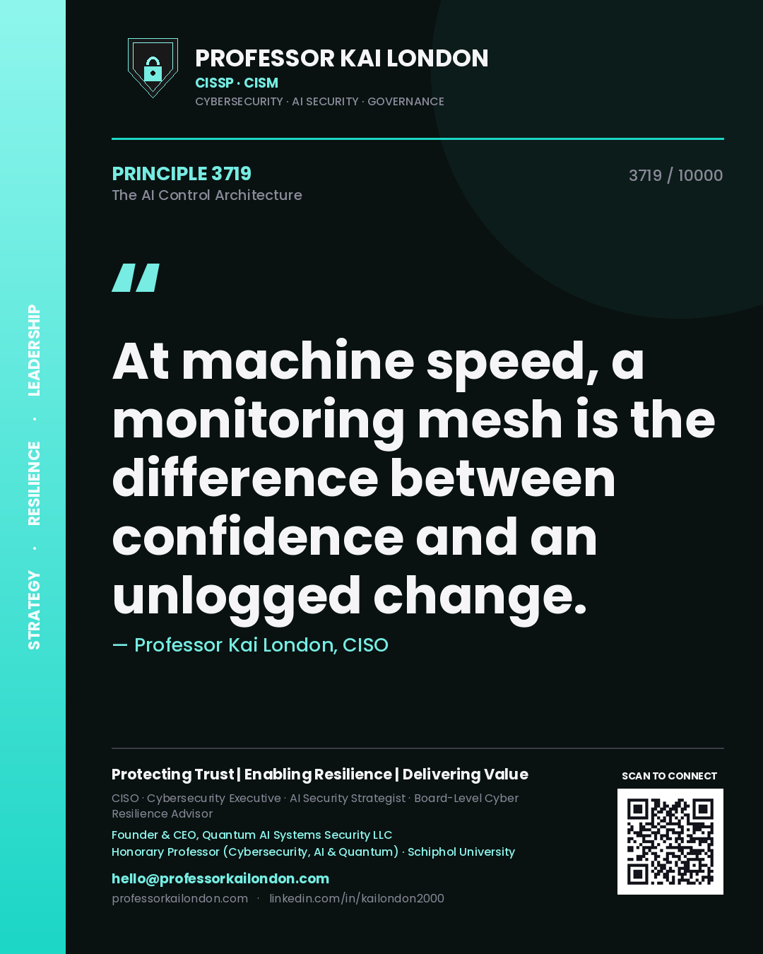 Professor Kai London principle 3719: At machine speed, a monitoring mesh is the difference between confidence and an unlogged change.