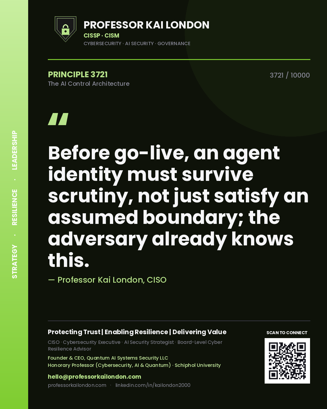 Quote card by Professor Kai London reading 'Before go-live, an agent identity must survive scrutiny, not just satisfy an assumed boundary; the adversary already knows this.'. From the book The AI Control Architecture.