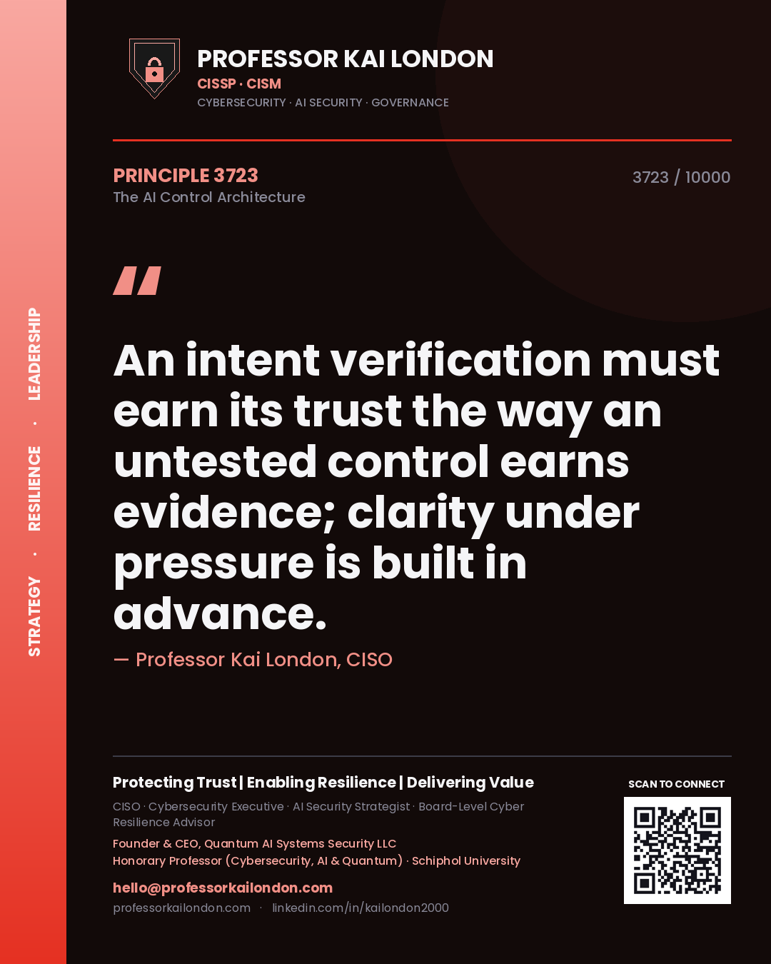 Quote card by Professor Kai London reading 'An intent verification must earn its trust the way an untested control earns evidence; clarity under pressure is built in advance.'. From the book The AI Control Architecture.