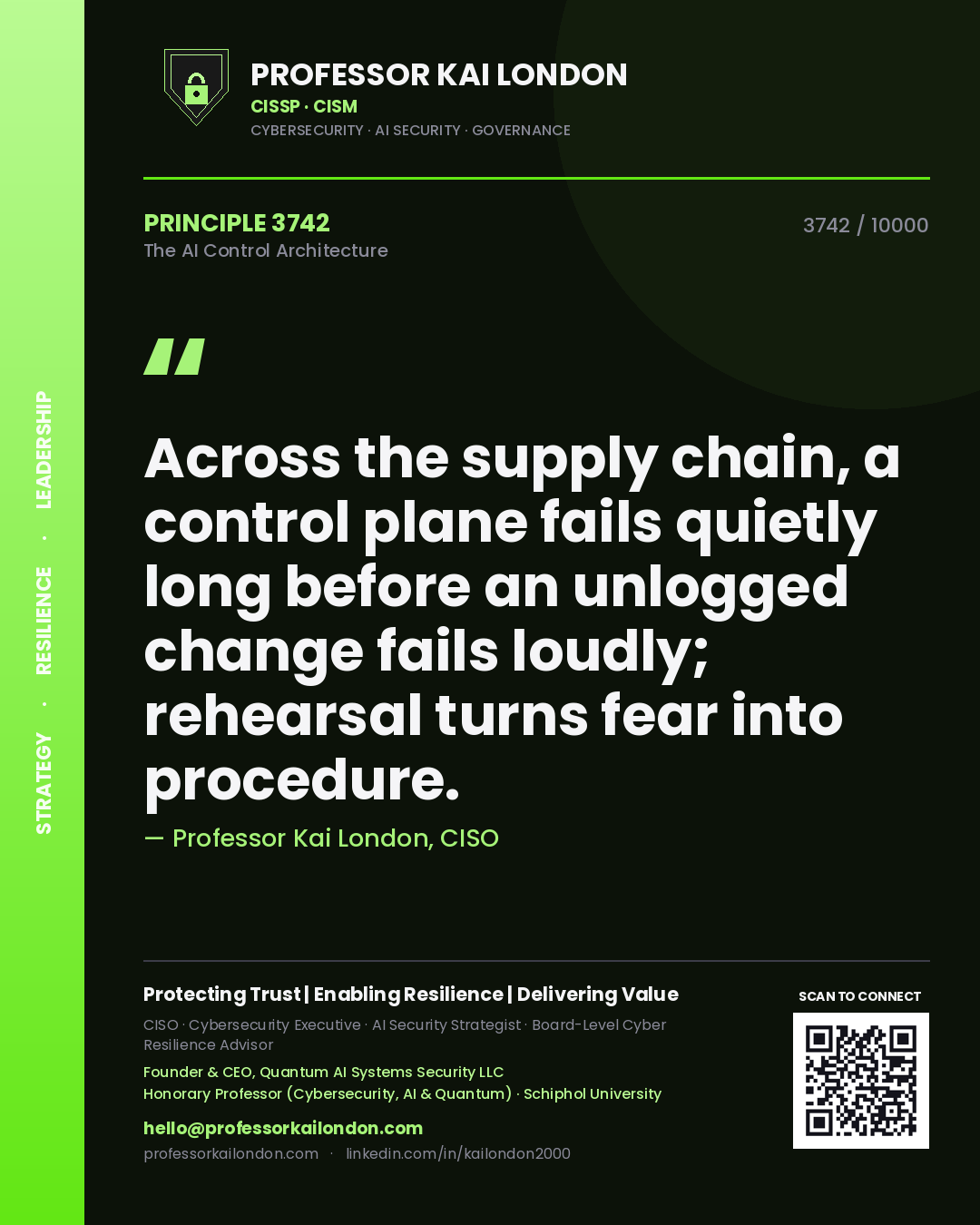 Professor Kai London principle 3742: Across the supply chain, a control plane fails quietly long before an unlogged change fails loudly; rehearsal turns fear into procedure.
