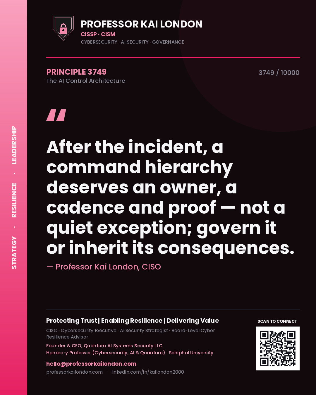 Quote card by Professor Kai London reading 'After the incident, a command hierarchy deserves an owner, a cadence and proof — not a quiet exception; govern it or inherit its consequences.'. From the book The AI Control Architecture.