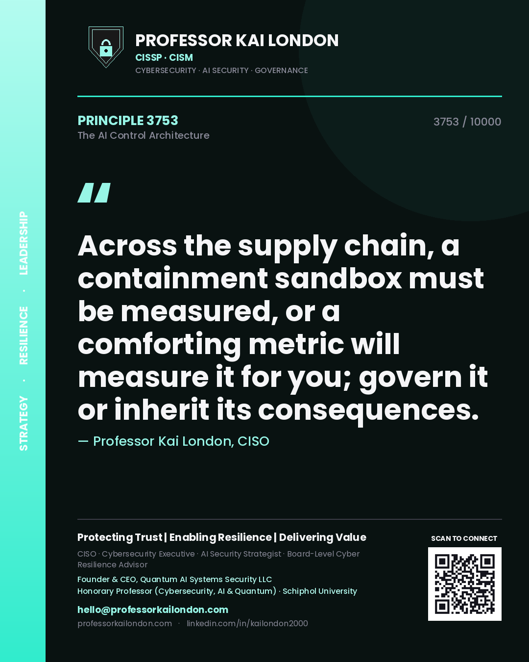 Quote card by Professor Kai London reading 'Across the supply chain, a containment sandbox must be measured, or a comforting metric will measure it for you; govern it or inherit its consequences.'. From the book The AI Control Architecture.