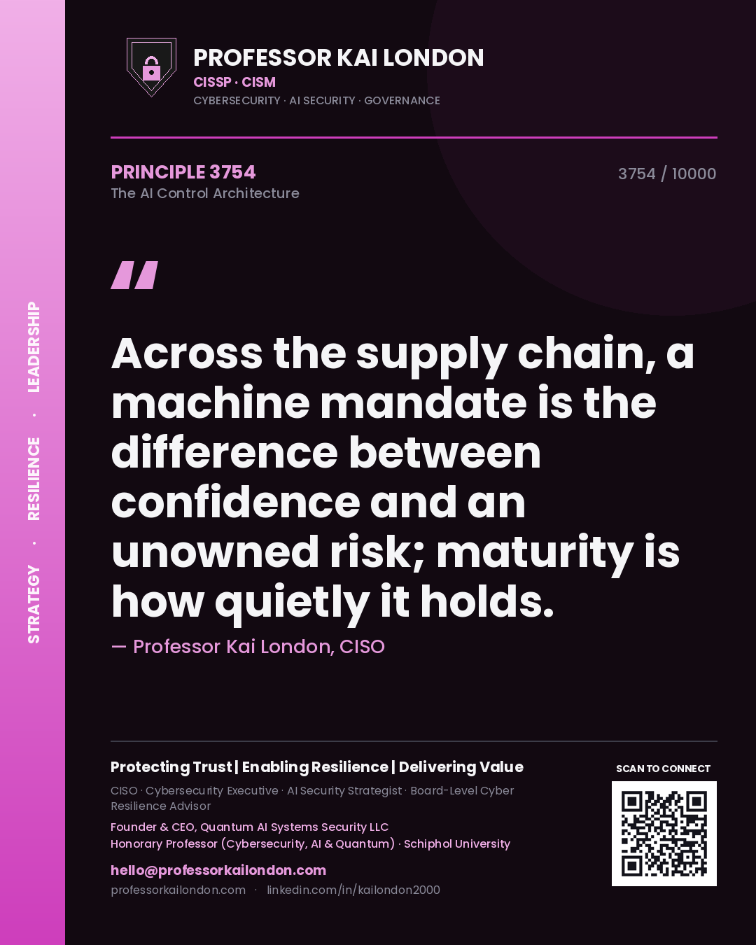 Professor Kai London principle 3754: Across the supply chain, a machine mandate is the difference between confidence and an unowned risk; maturity is how quietly it holds.