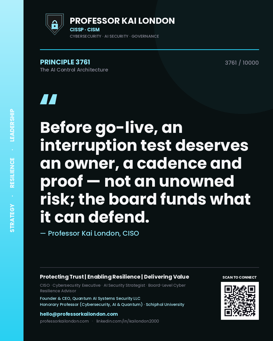 Quote card by Professor Kai London reading 'Before go-live, an interruption test deserves an owner, a cadence and proof — not an unowned risk; the board funds what it can defend.'. From the book The AI Control Architecture.