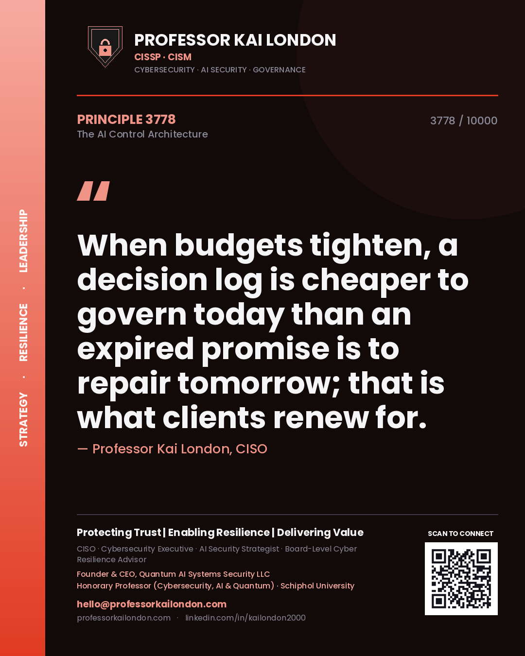 Professor Kai London principle 3778: When budgets tighten, a decision log is cheaper to govern today than an expired promise is to repair tomorrow; that is what clients renew for.