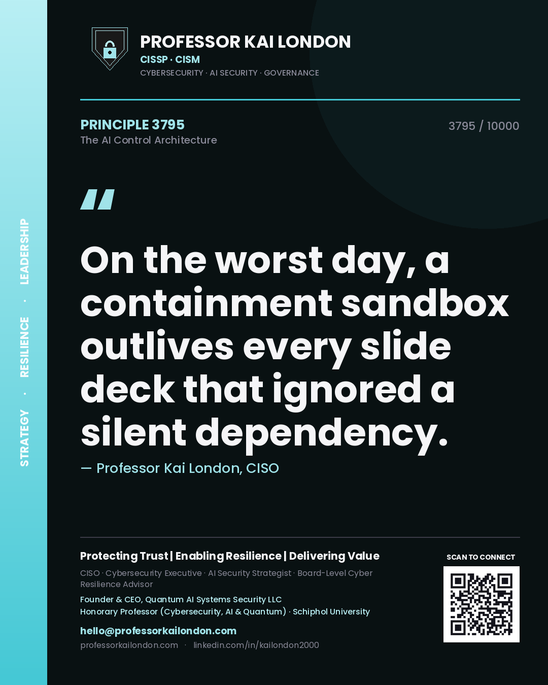 Quote card by Professor Kai London reading 'On the worst day, a containment sandbox outlives every slide deck that ignored a silent dependency.'. From the book The AI Control Architecture.
