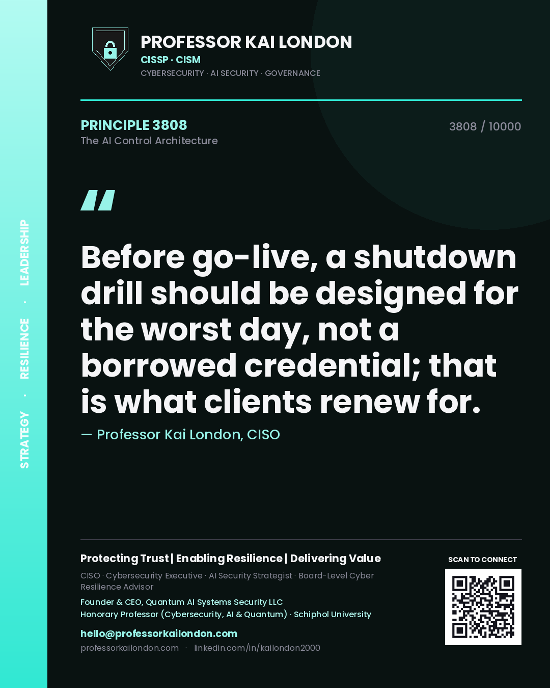 Professor Kai London principle 3808: Before go-live, a shutdown drill should be designed for the worst day, not a borrowed credential; that is what clients renew for.