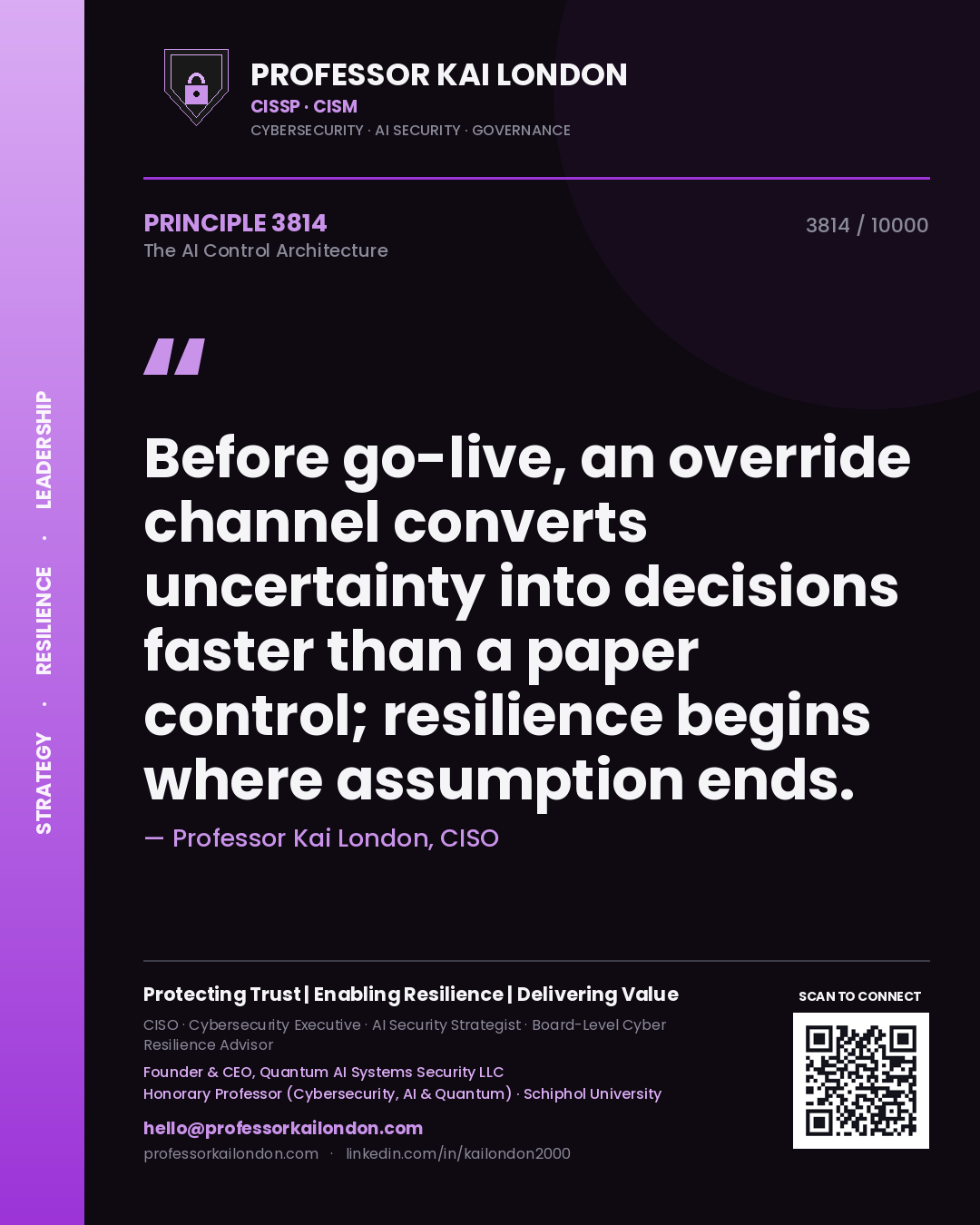 Professor Kai London principle 3814: Before go-live, an override channel converts uncertainty into decisions faster than a paper control; resilience begins where assumption ends.