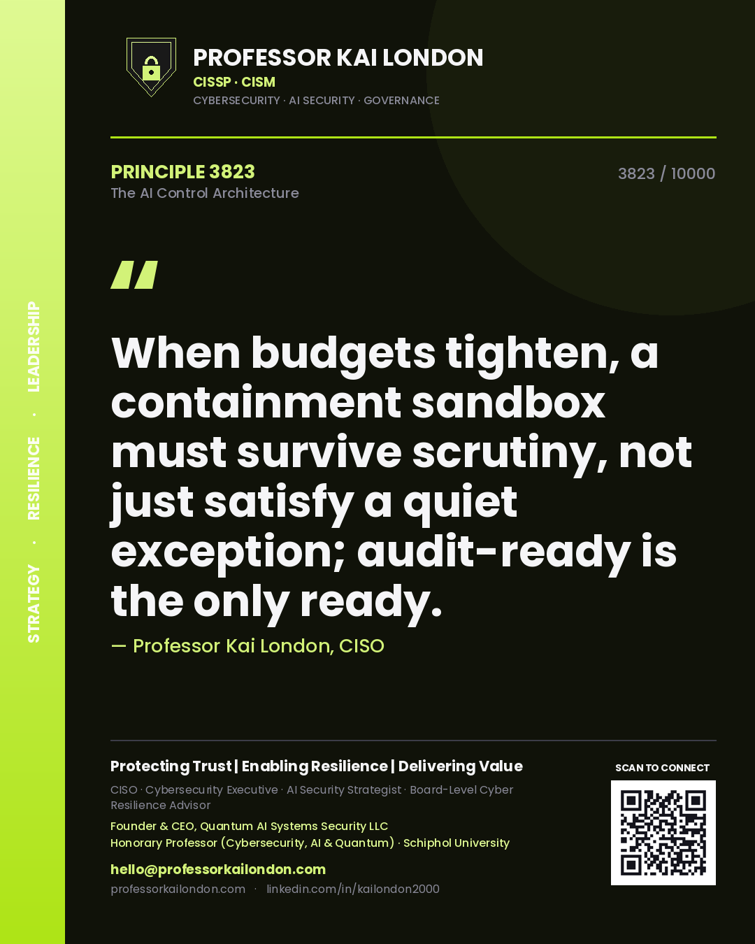 Quote card by Professor Kai London reading 'When budgets tighten, a containment sandbox must survive scrutiny, not just satisfy a quiet exception; audit-ready is the only ready.'. From the book The AI Control Architecture.