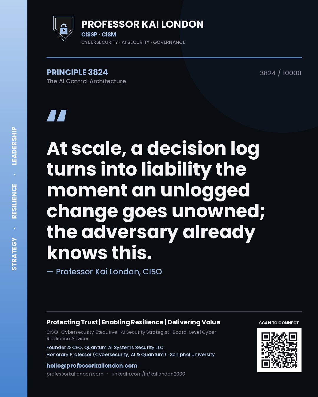 Quote card by Professor Kai London reading 'At scale, a decision log turns into liability the moment an unlogged change goes unowned; the adversary already knows this.'. From the book The AI Control Architecture.