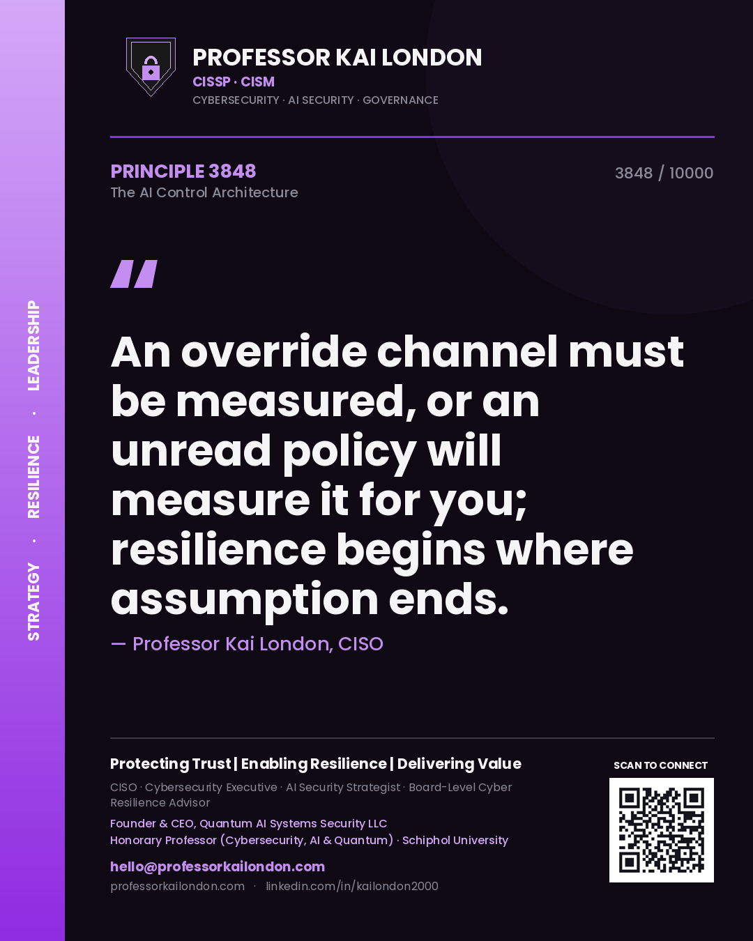 Professor Kai London principle 3848: An override channel must be measured, or an unread policy will measure it for you; resilience begins where assumption ends.