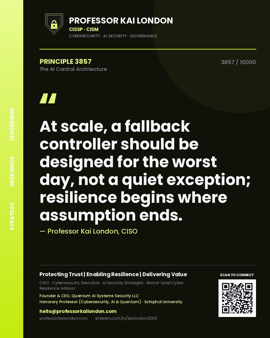 Professor Kai London principle 3857: At scale, a fallback controller should be designed for the worst day, not a quiet exception; resilience begins where assumption ends.