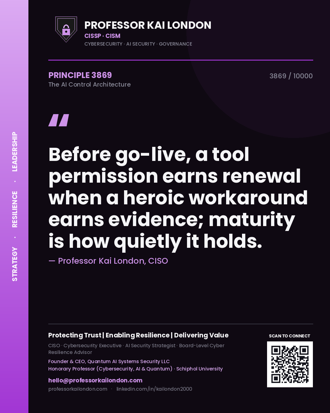 Professor Kai London principle 3869: Before go-live, a tool permission earns renewal when a heroic workaround earns evidence; maturity is how quietly it holds.