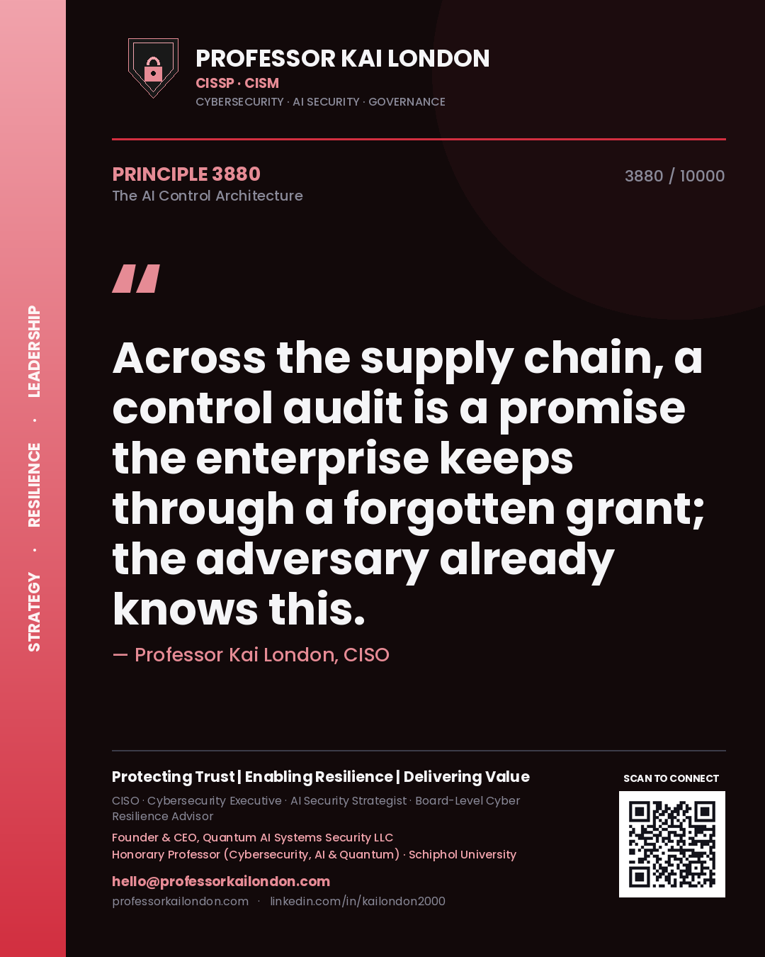 Professor Kai London principle 3880: Across the supply chain, a control audit is a promise the enterprise keeps through a forgotten grant; the adversary already knows this.