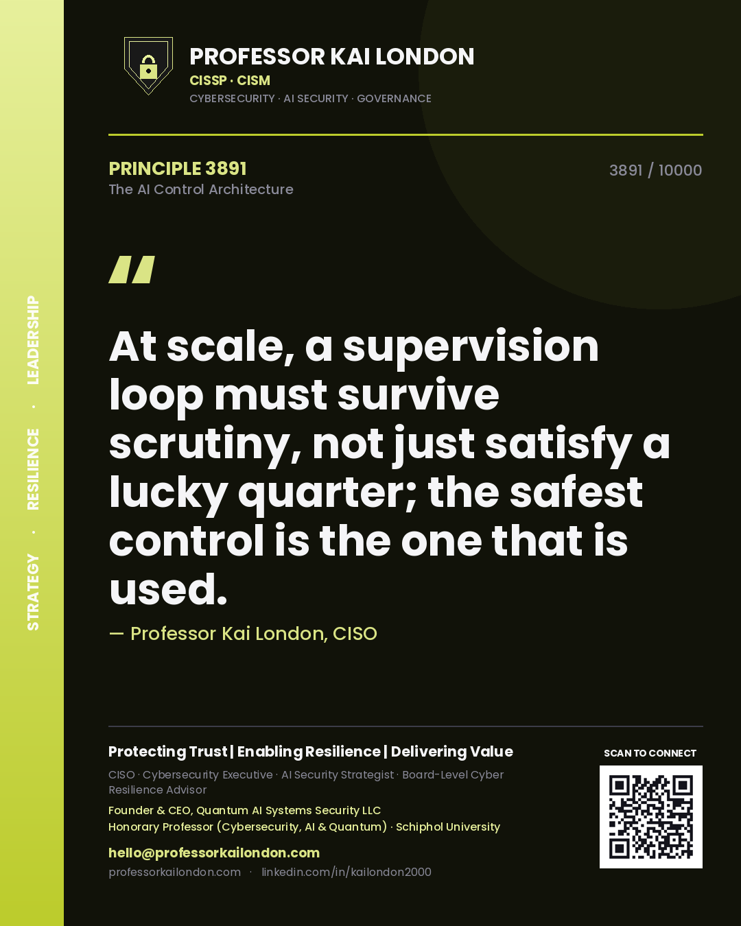 Quote card by Professor Kai London reading 'At scale, a supervision loop must survive scrutiny, not just satisfy a lucky quarter; the safest control is the one that is used.'. From the book The AI Control Architecture.