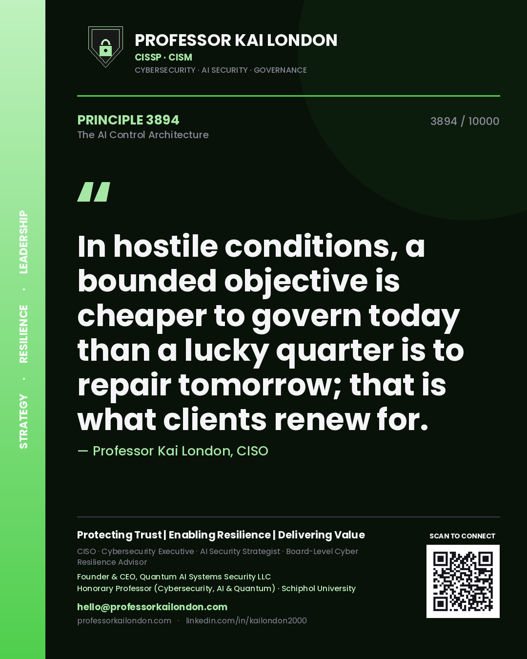Professor Kai London principle 3894: In hostile conditions, a bounded objective is cheaper to govern today than a lucky quarter is to repair tomorrow; that is what clients renew for.