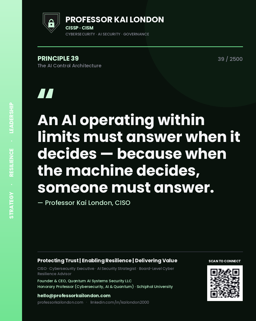 Professor Kai London principle 39: An AI operating within limits must answer when it decides — because when the machine decides, someone must answer.