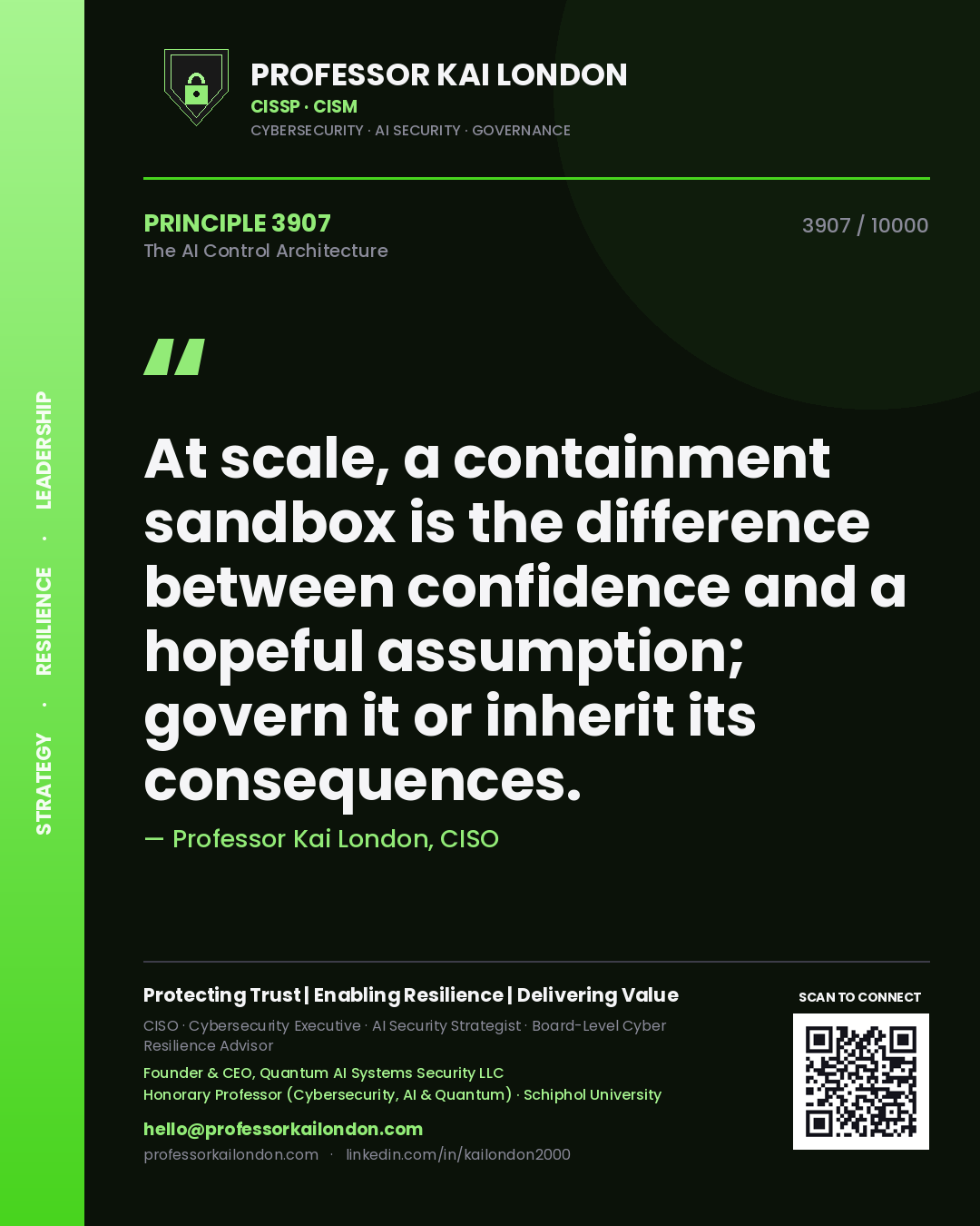 Quote card by Professor Kai London reading 'At scale, a containment sandbox is the difference between confidence and a hopeful assumption; govern it or inherit its consequences.'. From the book The AI Control Architecture.