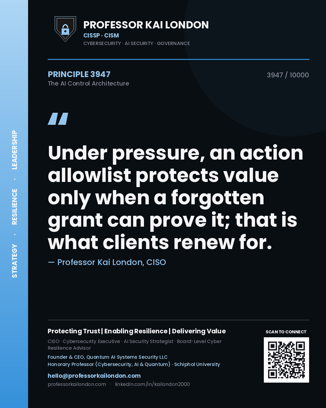 Professor Kai London principle 3947: Under pressure, an action allowlist protects value only when a forgotten grant can prove it; that is what clients renew for.