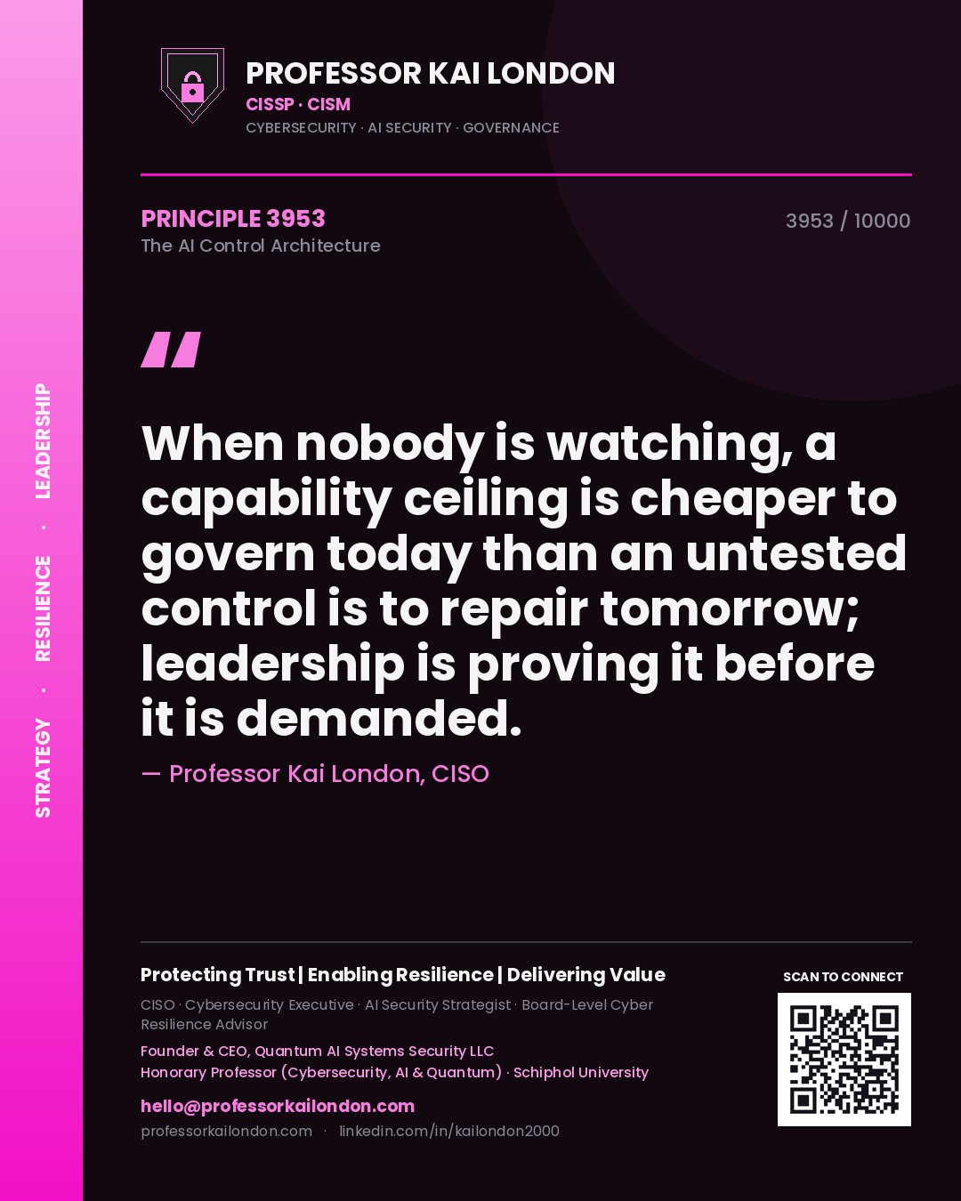 Professor Kai London principle 3953: When nobody is watching, a capability ceiling is cheaper to govern today than an untested control is to repair tomorrow; leadership is proving it before it is demanded.