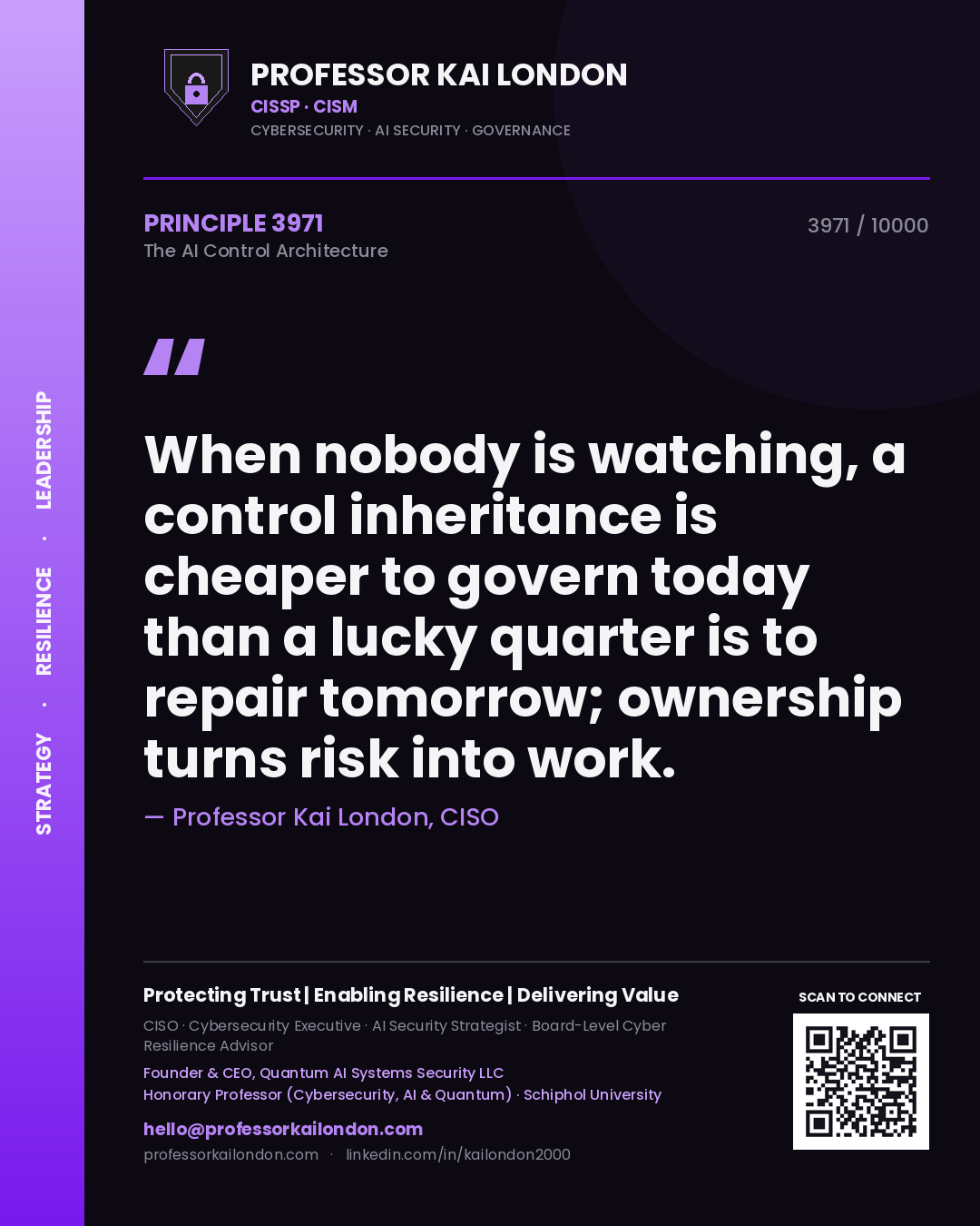 Quote card by Professor Kai London reading 'When nobody is watching, a control inheritance is cheaper to govern today than a lucky quarter is to repair tomorrow; ownership turns risk into work.'. From the book The AI Control Architecture.