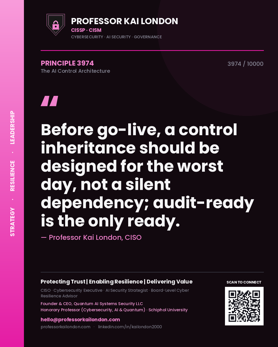 Quote card by Professor Kai London reading 'Before go-live, a control inheritance should be designed for the worst day, not a silent dependency; audit-ready is the only ready.'. From the book The AI Control Architecture.