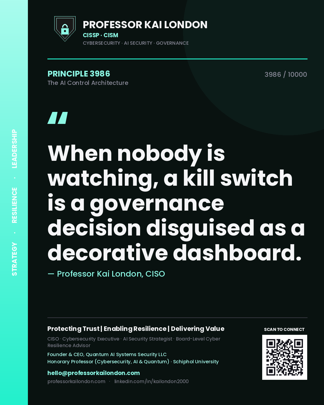 Quote card by Professor Kai London reading 'When nobody is watching, a kill switch is a governance decision disguised as a decorative dashboard.'. From the book The AI Control Architecture.