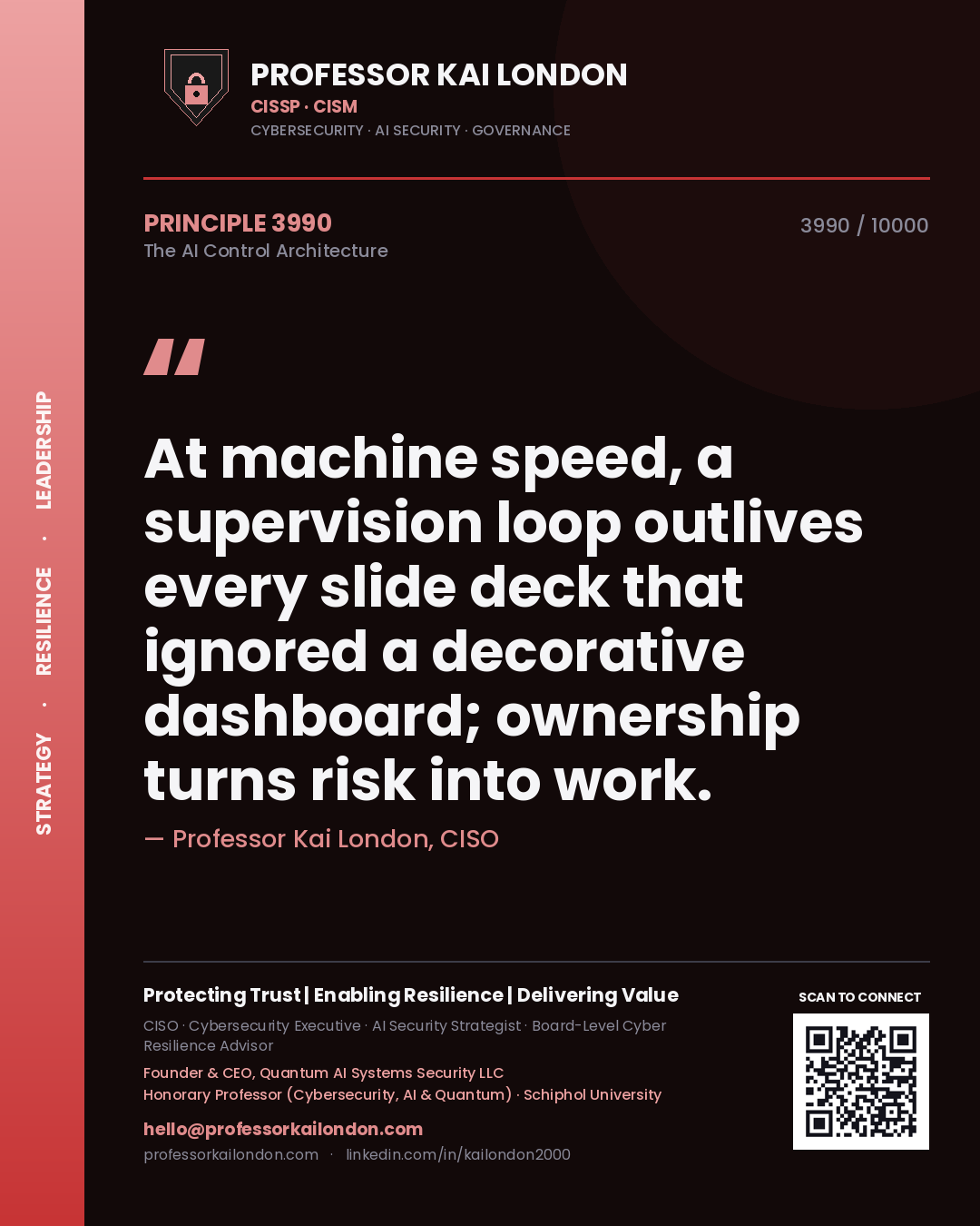 Professor Kai London principle 3990: At machine speed, a supervision loop outlives every slide deck that ignored a decorative dashboard; ownership turns risk into work.