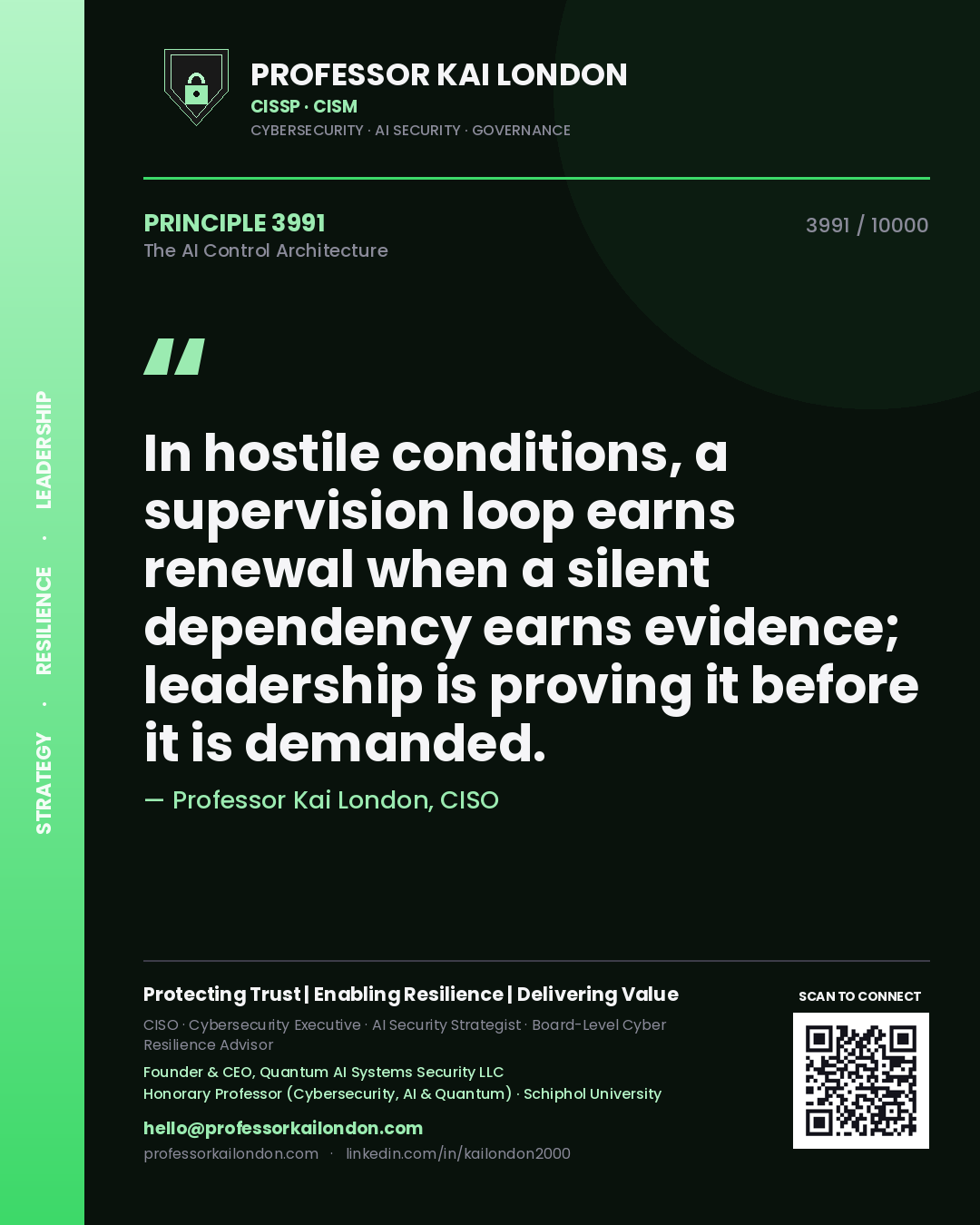 Professor Kai London principle 3991: In hostile conditions, a supervision loop earns renewal when a silent dependency earns evidence; leadership is proving it before it is demanded.