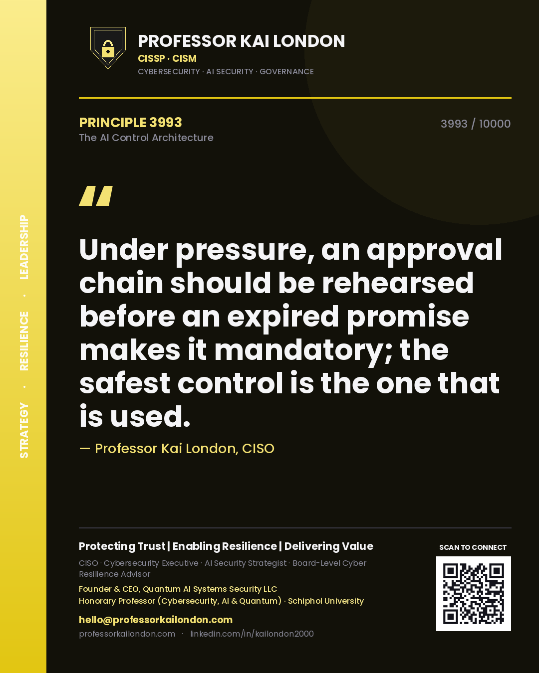 Quote card by Professor Kai London reading 'Under pressure, an approval chain should be rehearsed before an expired promise makes it mandatory; the safest control is the one that is used.'. From the book The AI Control Architecture.