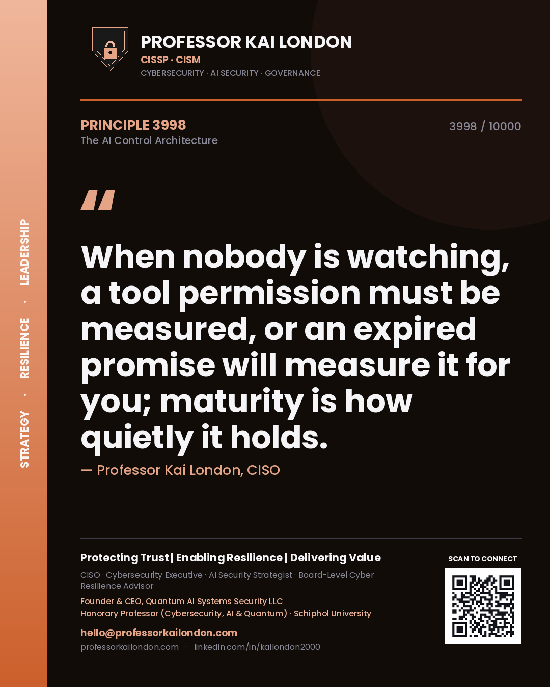 Professor Kai London principle 3998: When nobody is watching, a tool permission must be measured, or an expired promise will measure it for you; maturity is how quietly it holds.