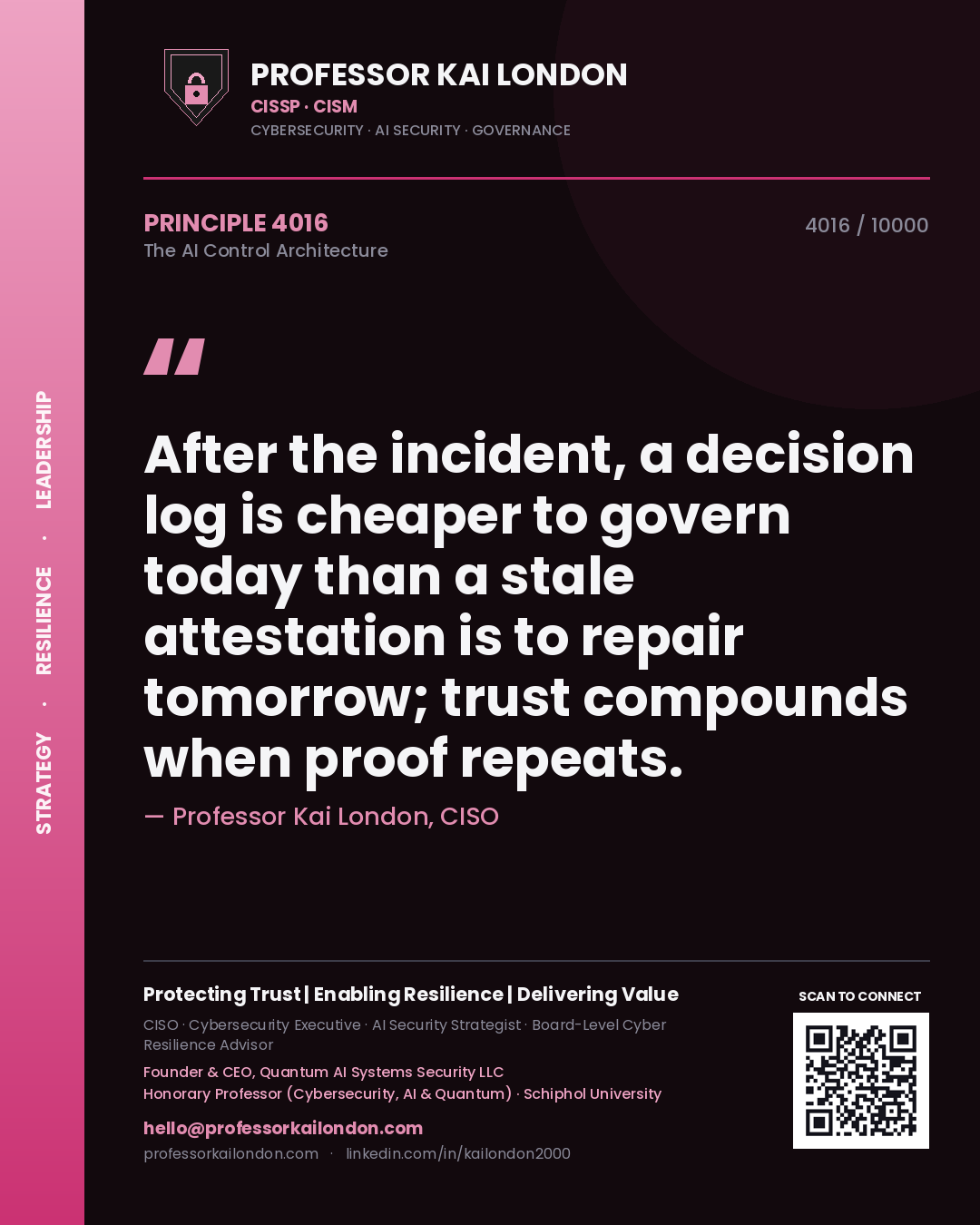 Quote card by Professor Kai London reading 'After the incident, a decision log is cheaper to govern today than a stale attestation is to repair tomorrow; trust compounds when proof repeats.'. From the book The AI Control Architecture.