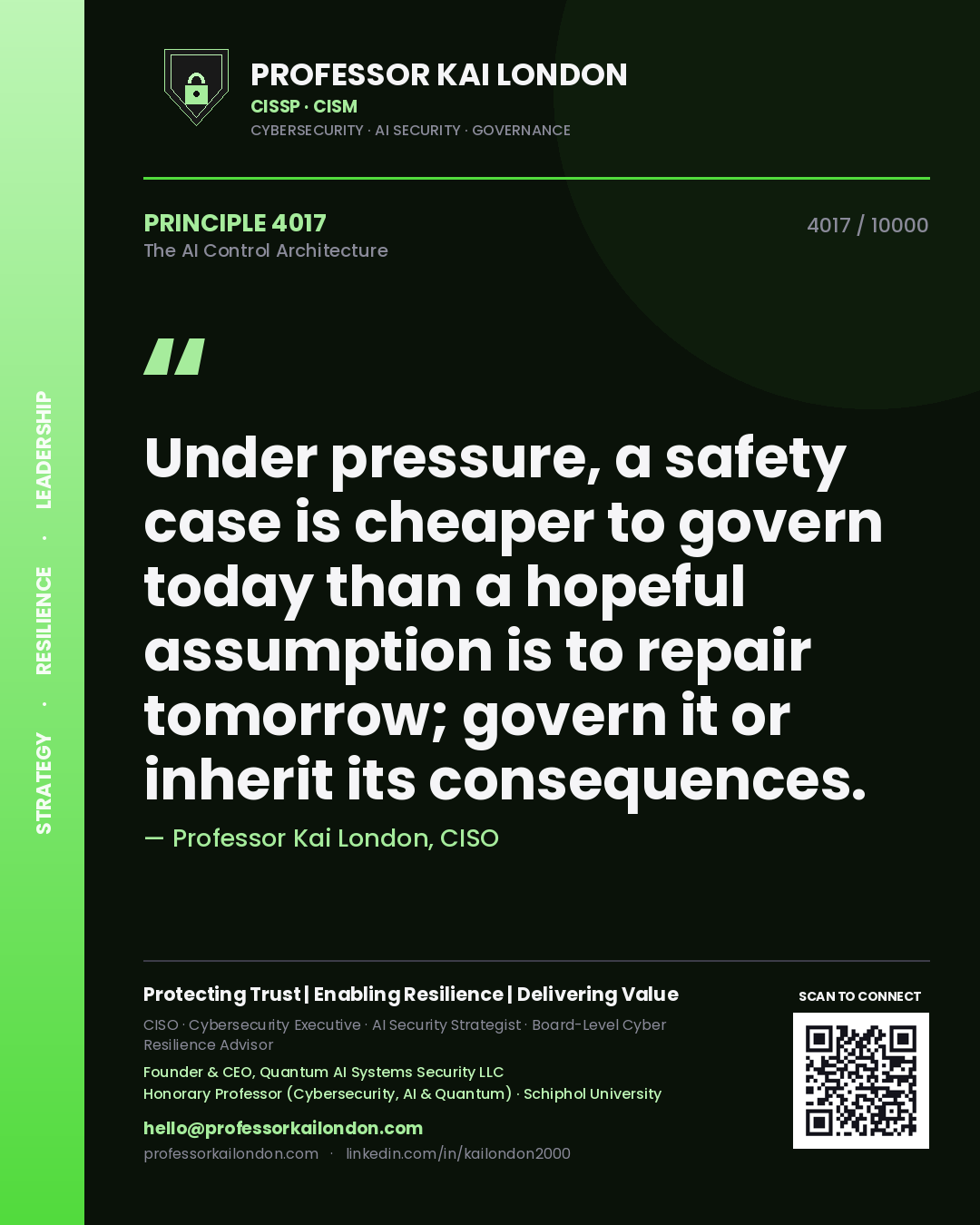 Quote card by Professor Kai London reading 'Under pressure, a safety case is cheaper to govern today than a hopeful assumption is to repair tomorrow; govern it or inherit its consequences.'. From the book The AI Control Architecture.