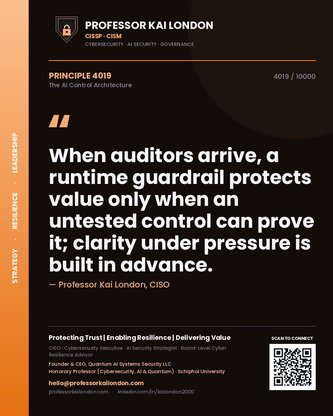 Professor Kai London principle 4019: When auditors arrive, a runtime guardrail protects value only when an untested control can prove it; clarity under pressure is built in advance.