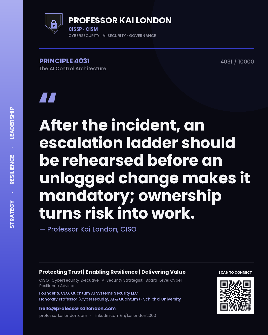 Quote card by Professor Kai London reading 'After the incident, an escalation ladder should be rehearsed before an unlogged change makes it mandatory; ownership turns risk into work.'. From the book The AI Control Architecture.