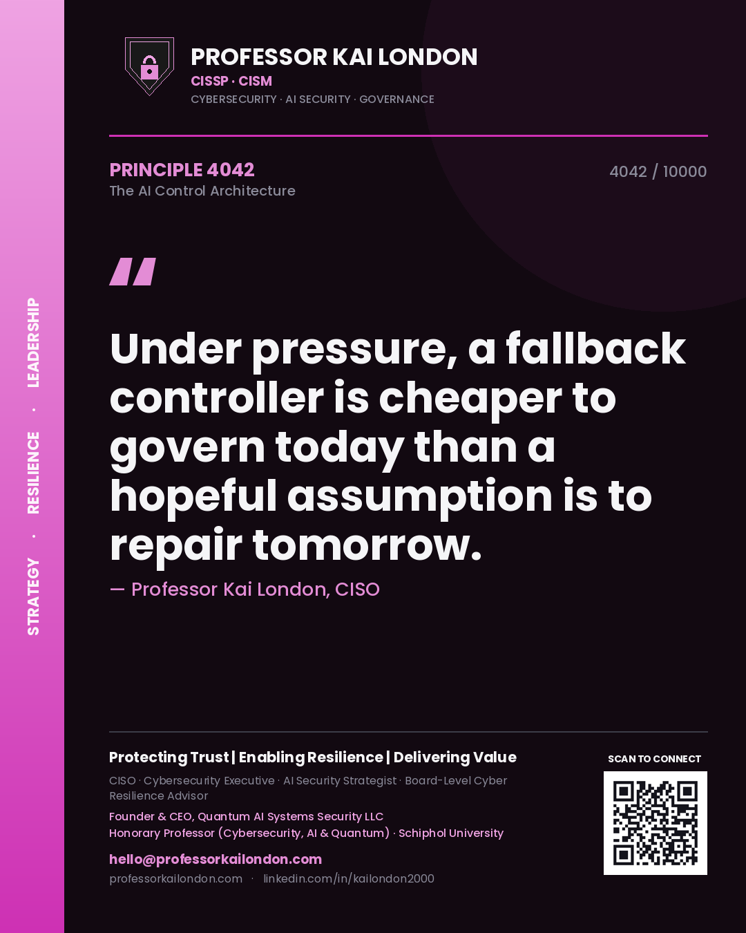 Quote card by Professor Kai London reading 'Under pressure, a fallback controller is cheaper to govern today than a hopeful assumption is to repair tomorrow.'. From the book The AI Control Architecture.
