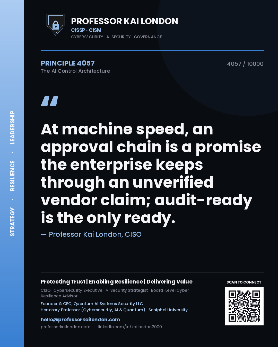 Quote card by Professor Kai London reading 'At machine speed, an approval chain is a promise the enterprise keeps through an unverified vendor claim; audit-ready is the only ready.'. From the book The AI Control Architecture.